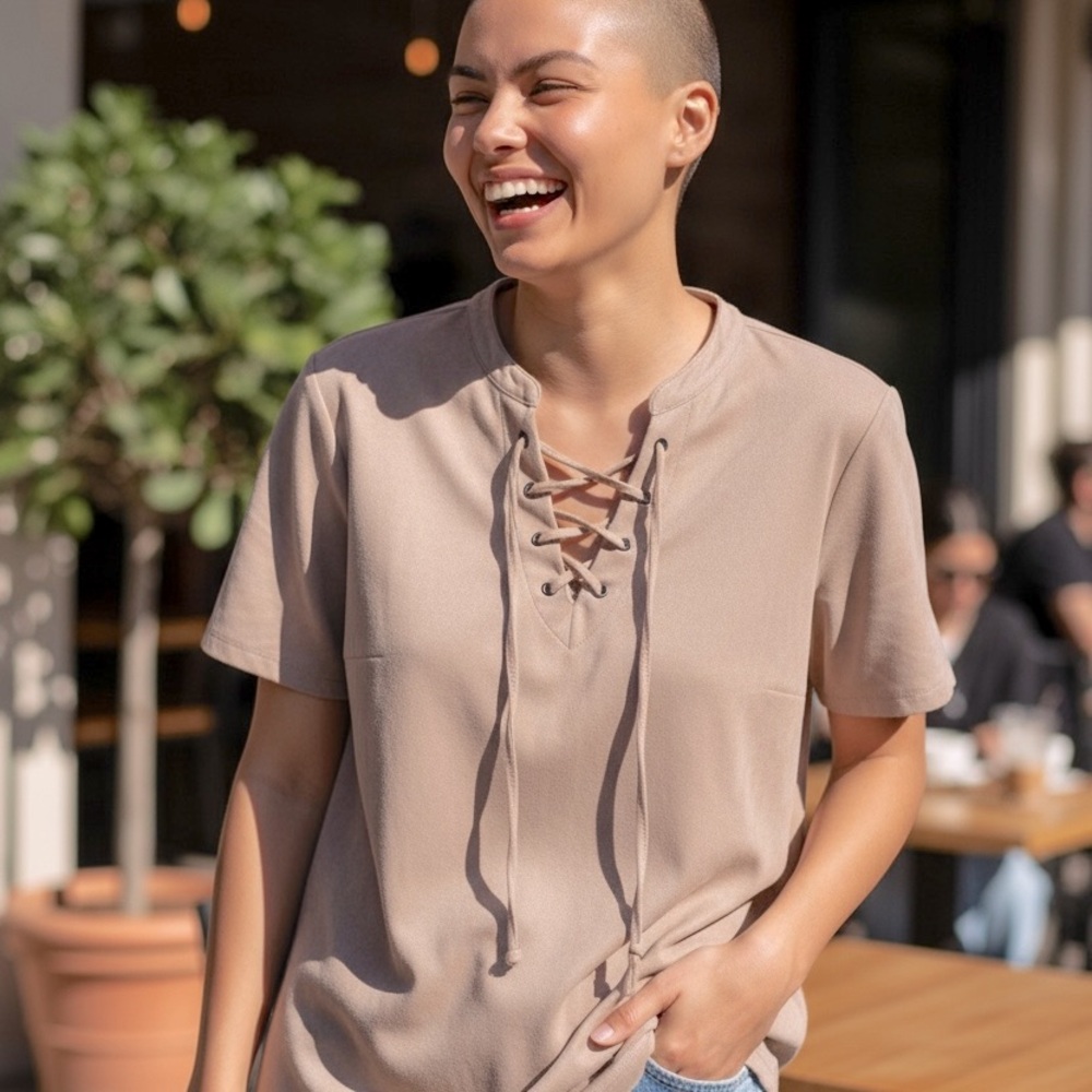 Z Supply; Lace-Up Short Sleeve Top; Desert Rose